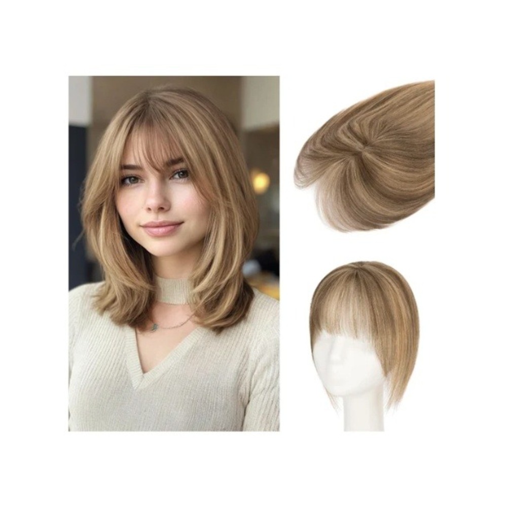 10" Human Hair Topper with Bangs Medium Brown Clip In Hair Extension 3D Base
